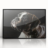 Framed wall art collection showcasing a striking black and white boxer dog design, featuring a sleek acrylic finish and modern aesthetic, perfect for dog lovers' decor.