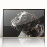Framed wall art featuring a striking front view of a boxer dog design with a gold acrylic finish, perfect for enhancing modern home decor.