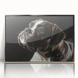 Framed wall art featuring a stylish silver-acrylic design of a boxer dog, ideal for pet lovers and modern home decor, showcasing detailed craftsmanship and vibrant colors.