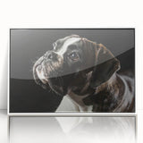 Framed wall art featuring a stylish Boxer dog design in a minimalist white frame, showcasing vibrant colors and sleek acrylic finish, perfect for pet lovers' decor.