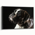 Framed canvas wall art showcasing a stylish black and white boxer dog design, elegantly displayed in a contemporary setting, ideal for pet lovers and home decor enthusiasts.