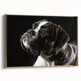 Framed canvas wall art showcasing a boxer dog design in a gold frame, highlighting the dog's playful expression and vibrant colors against a neutral background. Perfect addition to pet-themed decor.