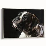 Framed canvas wall art showcasing a stylish silver-boxer design, ideal for dog lovers, featuring vibrant colors and modern decor elements, displayed in a contemporary setting.