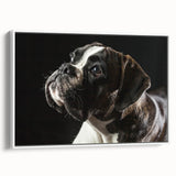 Framed wall art featuring a stylish boxer dog design on a white canvas, showcasing vibrant colors and playful details, perfect for dog lovers’ home decor.