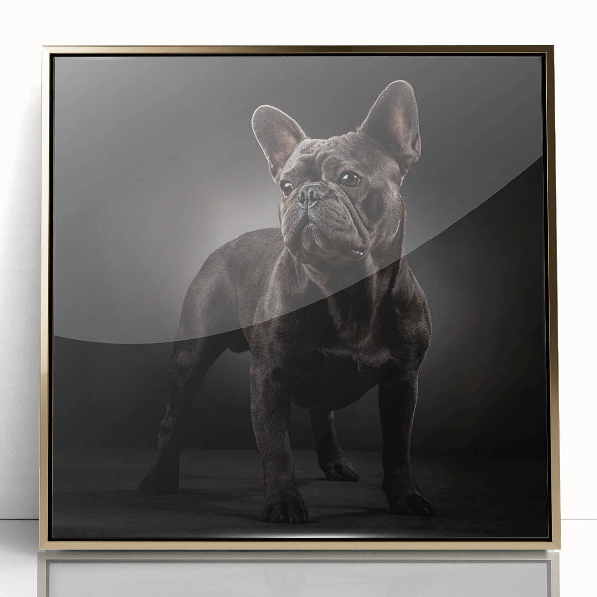 Framed wall art featuring a stylish bulldog design with a gold-acrylic finish, ideal for pet lovers and modern home decor, displayed against a neutral background.