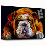 Side view of a stylish acrylic wall art piece showcasing a bulldog design, featuring vibrant colors and intricate details, perfect for dog lovers' home decor.