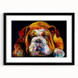 Framed wall art featuring a stylish bulldog design in a black frame with a mat, perfect for dog lovers’ home décor. Ideal for enhancing interior spaces.