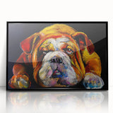 Framed wall art featuring a striking black bulldog design on acrylic, showcasing bold colors and modern aesthetics, perfect for dog lovers' home decor.