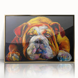 Framed wall art featuring a stylish bulldog design in a gold-accented frame, showcasing a playful and modern aesthetic perfect for pet lovers.