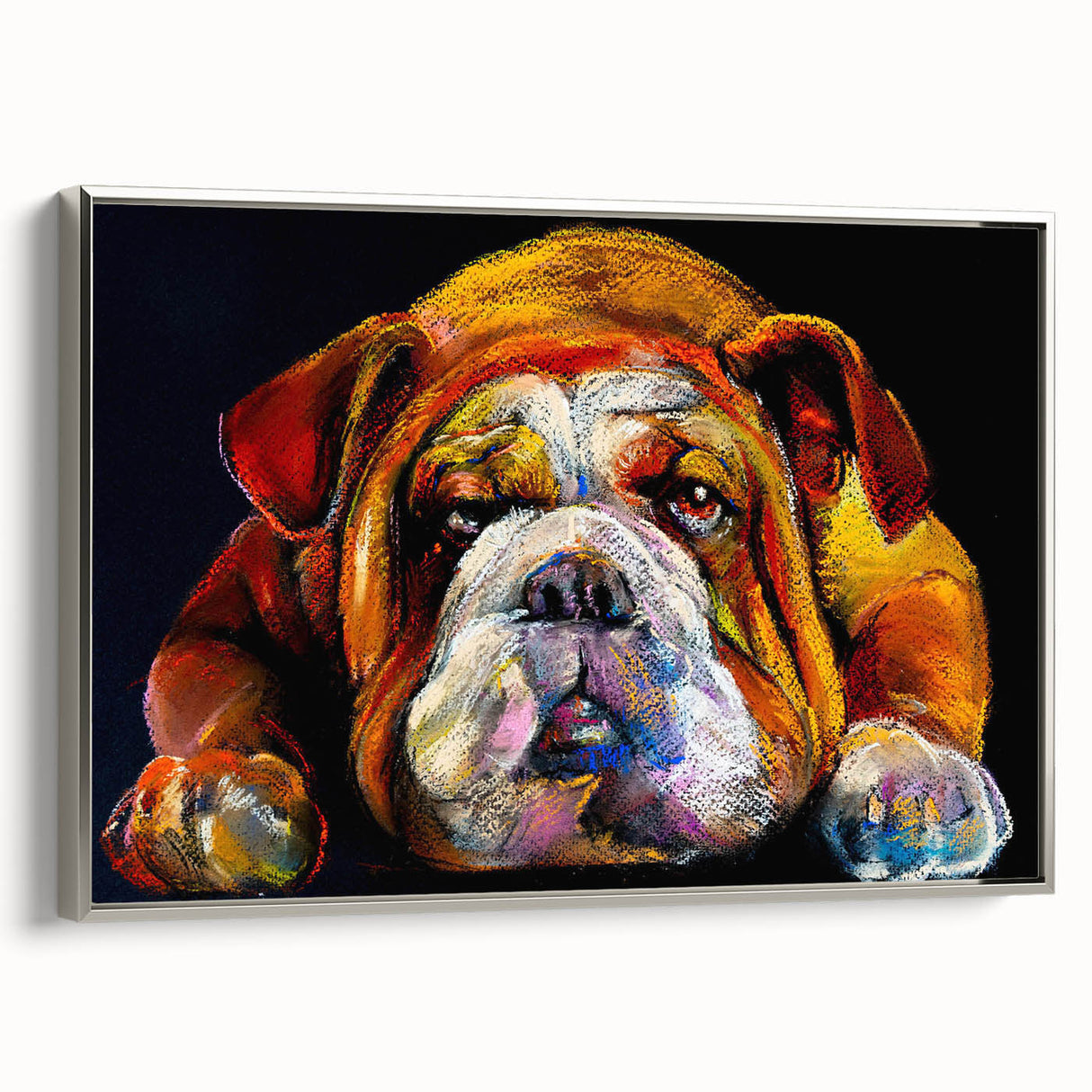 Framed canvas wall art showcasing a stylish silver bulldog design, set against a sleek background, perfect for modern home decor enthusiasts.