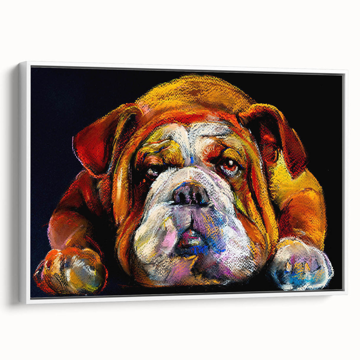 Framed canvas wall art featuring a stylish bulldog design in a modern white frame, showcasing a side view of the bulldog with vibrant colors, enhancing home decor.