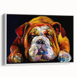 Framed canvas wall art featuring a stylish bulldog design in a modern white frame, showcasing a side view of the bulldog with vibrant colors, enhancing home decor.