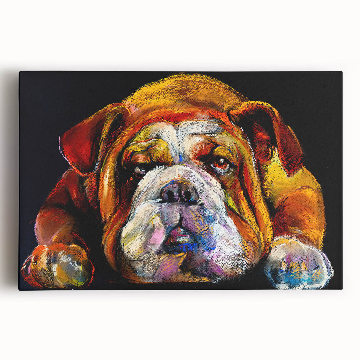 Stretched canvas wall art featuring a vibrant bulldog design, showcasing bold colors and intricate details, perfect for dog lovers' home decor.