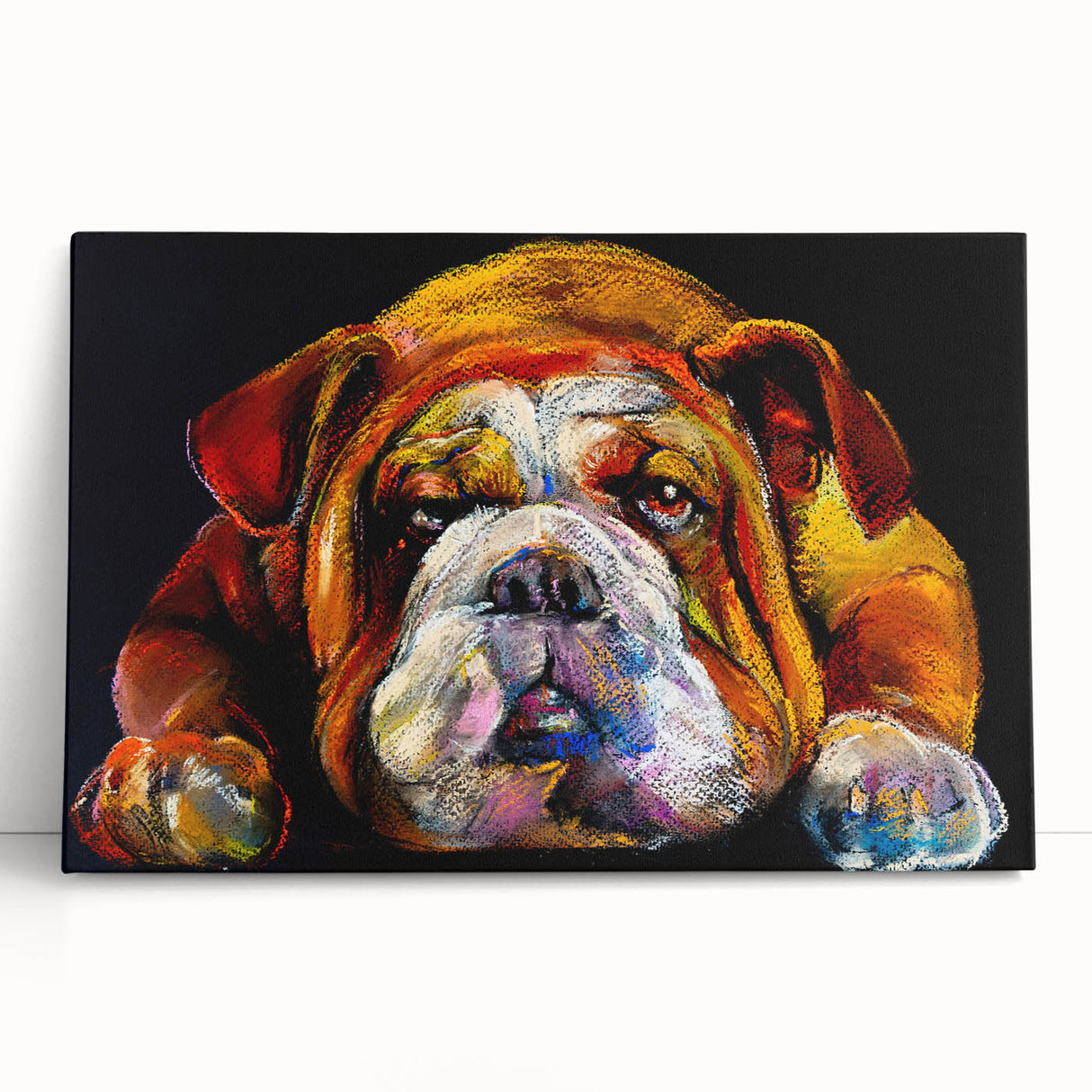 Bulldog wall art design on stretched canvas, showcasing a playful bulldog illustration with vibrant colors, perfect for pet lovers' home decor.