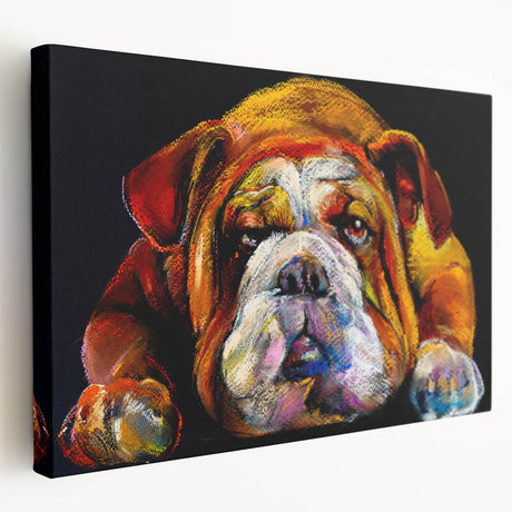 Bulldog-themed stretched canvas wall art showcasing a side view of a playful bulldog design, perfect for pet lovers and home decor enthusiasts.