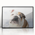 Framed wall art featuring a stylish bulldog design with a black frame, showcasing the dog's playful expression against a vibrant background, perfect for pet lovers.