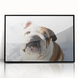 Framed wall art featuring a stylish bulldog design with a black frame, showcasing the dog's playful expression against a vibrant background, perfect for pet lovers.