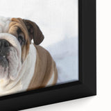 Close-up of a framed canvas wall art featuring a playful Bulldog design, showcasing vibrant colors and intricate details, perfect for dog lovers' home decor.