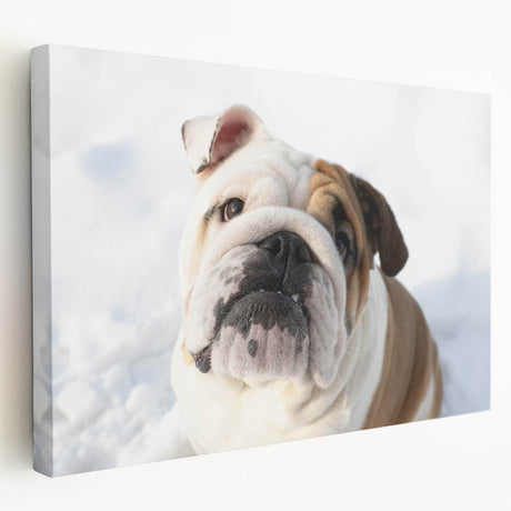 Side view of a stretched canvas wall art featuring a stylish bulldog design, showcasing vibrant colors and intricate details, perfect for dog lovers' decor.