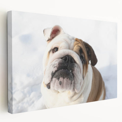 Side view of a stretched canvas wall art featuring a stylish bulldog design, showcasing vibrant colors and intricate details, perfect for dog lovers' decor.