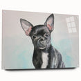 Chihuahua wall art design showcased in a sleek acrylic glass frame, featuring vibrant colors and intricate details, ideal for pet lovers' home decor.