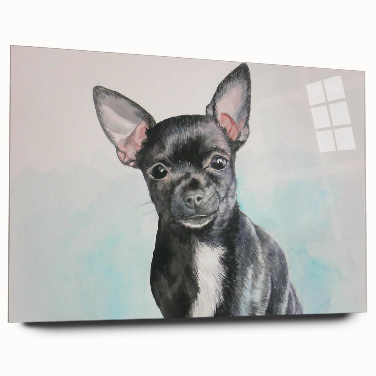 Chihuahua wall art design displayed in acrylic glass, highlighting vibrant colors and a sleek modern frame, ideal for pet lovers' home decor.