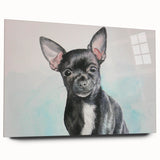 Chihuahua wall art design displayed in acrylic glass, highlighting vibrant colors and a sleek modern frame, ideal for pet lovers' home decor.