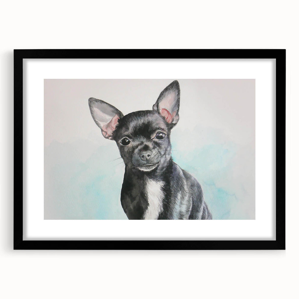 Chihuahua wall art design framed in black with a mat, showcasing a playful illustration of a cute Chihuahua, perfect for dog lovers and home decor enthusiasts.