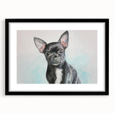 Chihuahua wall art design framed in black with a mat, showcasing a playful illustration of a cute Chihuahua, perfect for dog lovers and home decor enthusiasts.