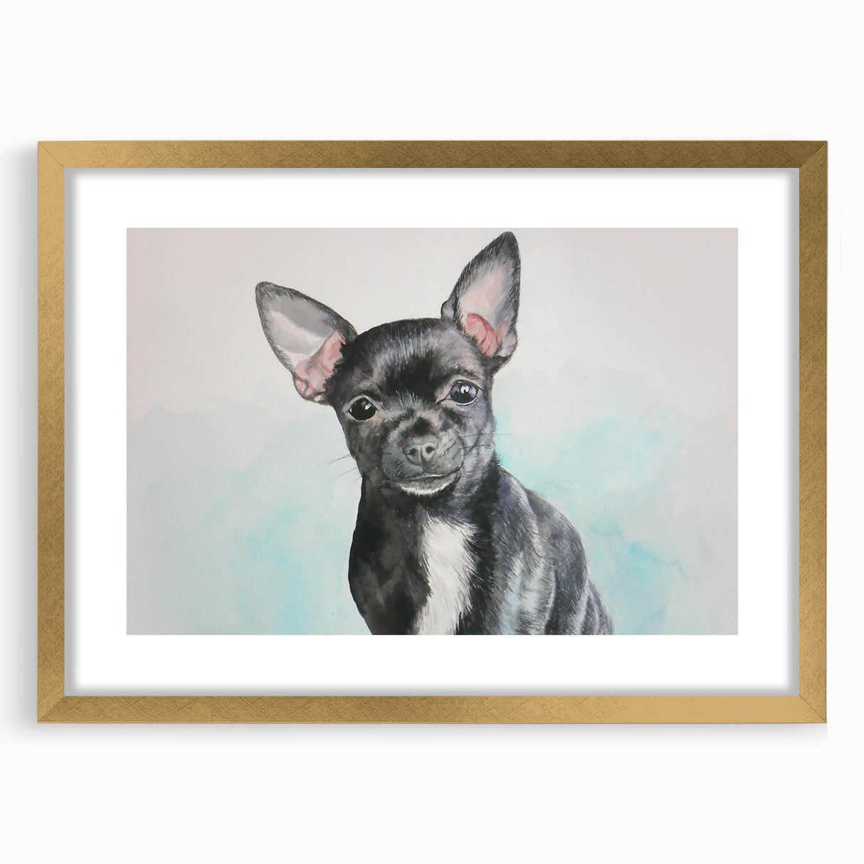 Chihuahua-themed wall art in a gold frame with matting, showcasing an adorable dog design, perfect for pet lovers and home decor enthusiasts.