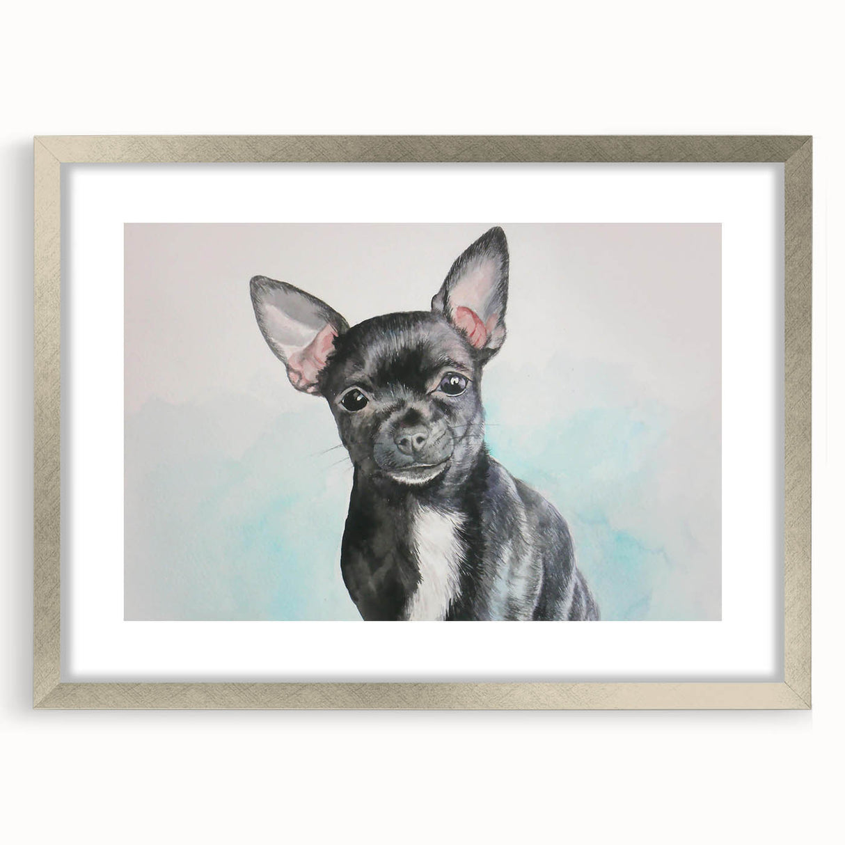 Charming wall art featuring a silver-framed design of a Chihuahua, complete with a mat. This stylish decor adds a playful touch to any room, perfect for dog lovers.