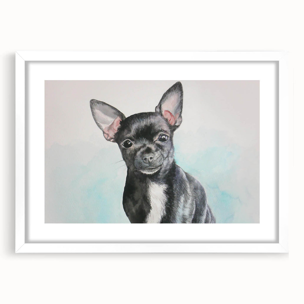 Charming framed wall art featuring a playful Chihuahua design, set in a white mat and frame, perfect for dog lovers and home decor enthusiasts.