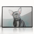 Framed wall art featuring a stylish black acrylic design of a Chihuahua, showcasing intricate details and a modern aesthetic, perfect for pet lovers' home decor.