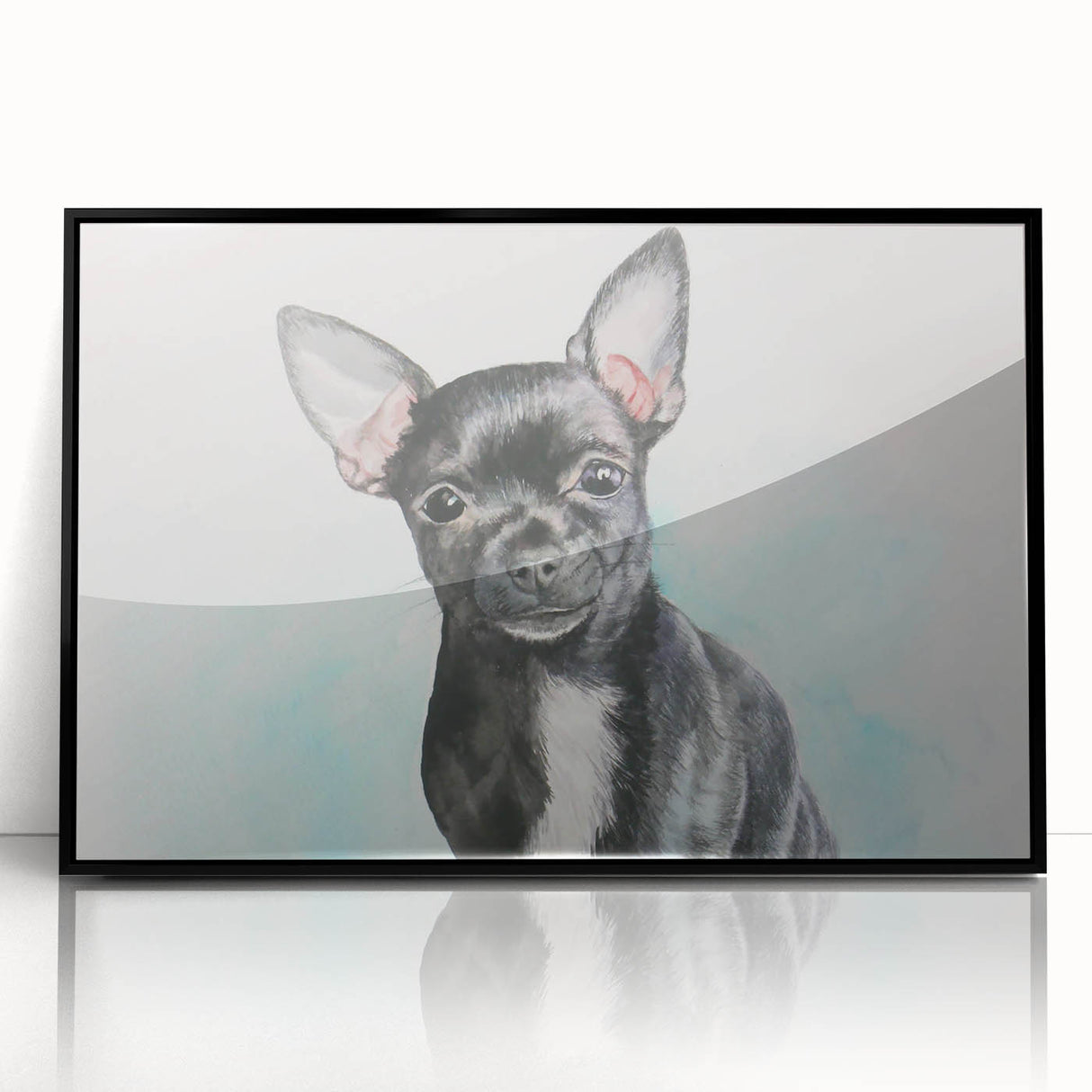 Framed wall art featuring a stylish black acrylic design of a Chihuahua, showcasing intricate details and a modern aesthetic, perfect for pet lovers' home decor.