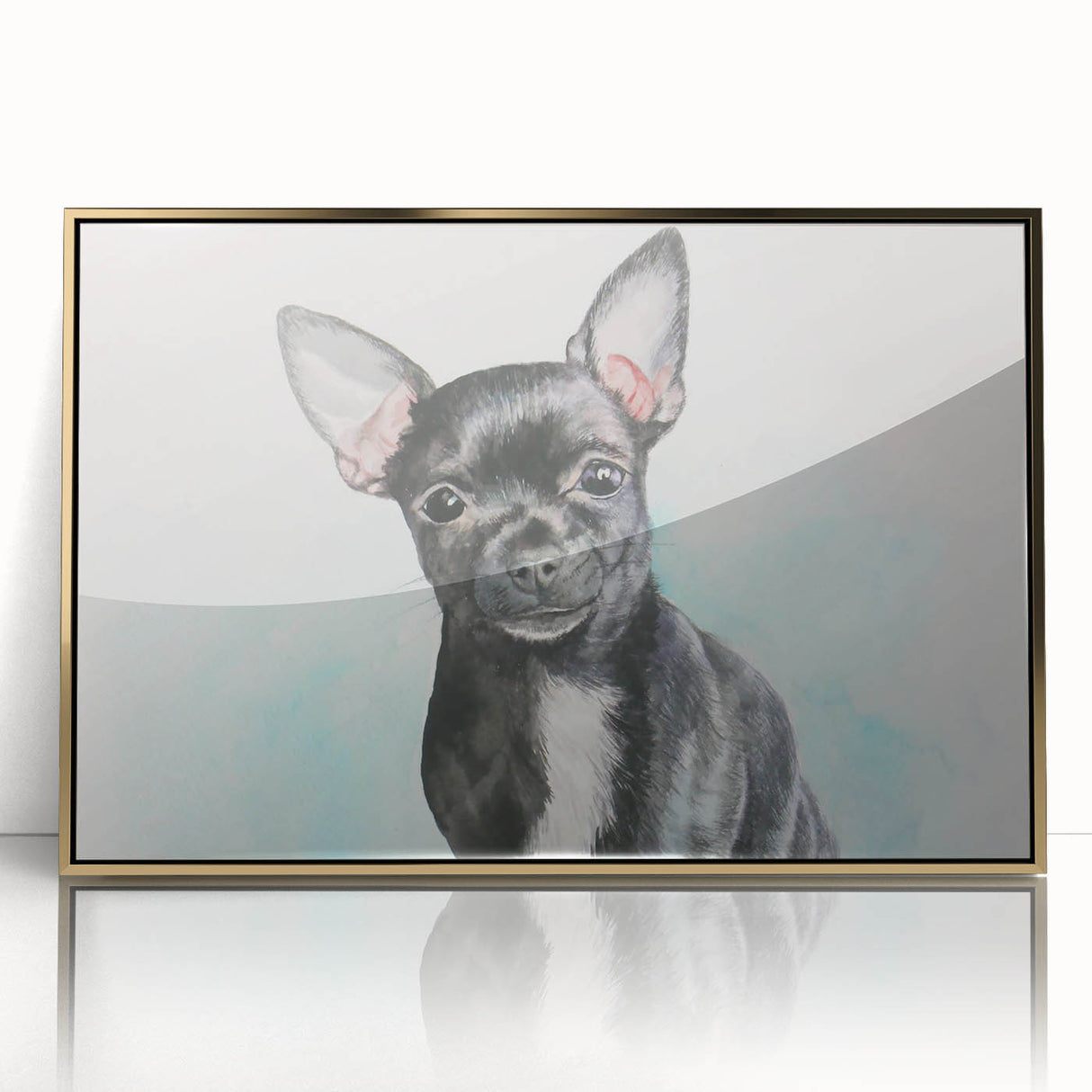 Framed acrylic wall art featuring a stylish gold design showcasing a Chihuahua in a playful pose, perfect for pet lovers and home decor enthusiasts.