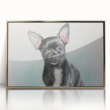 Framed acrylic wall art featuring a stylish gold design showcasing a Chihuahua in a playful pose, perfect for pet lovers and home decor enthusiasts.