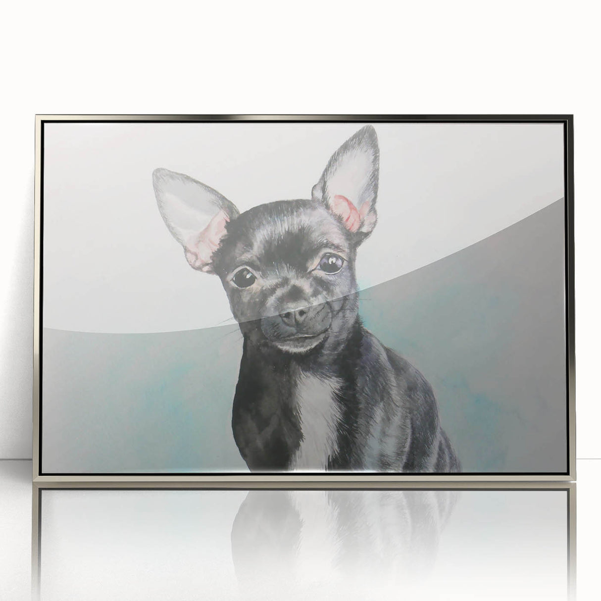 Framed wall art featuring a stylish Chihuahua design with a silver-acrylic finish, displayed in a modern setting, perfect for dog lovers' home decor.