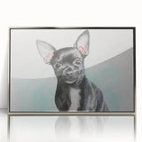 Framed wall art featuring a stylish Chihuahua design with a silver-acrylic finish, displayed in a modern setting, perfect for dog lovers' home decor.