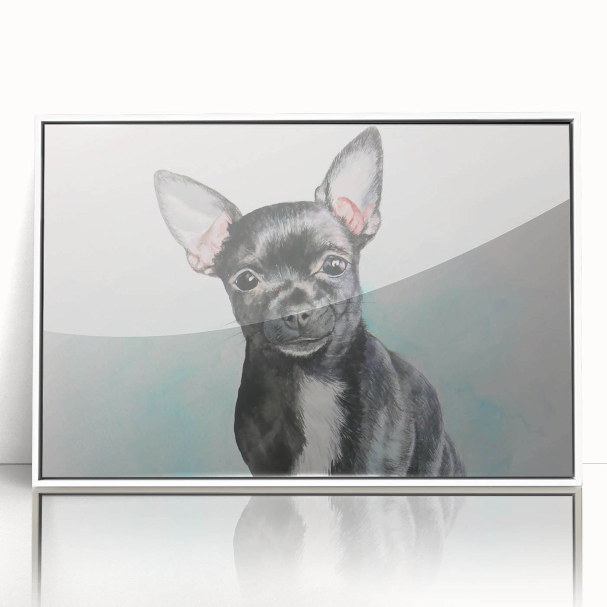 Framed wall art featuring a charming illustration of a Chihuahua in a whimsical design, displayed in a white frame, perfect for pet lovers and home decor enthusiasts.