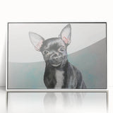 Framed wall art featuring a charming illustration of a Chihuahua in a whimsical design, displayed in a white frame, perfect for pet lovers and home decor enthusiasts.