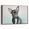 Charming black-framed wall art featuring a stylish illustration of a Chihuahua, perfect for dog lovers and trendy home decor. Ideal for enhancing living spaces.