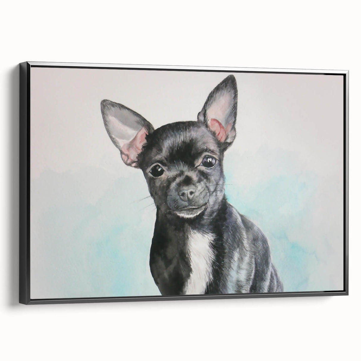 Charming black-framed wall art featuring a stylish illustration of a Chihuahua, perfect for dog lovers and trendy home decor. Ideal for enhancing living spaces.