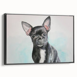 Charming black-framed wall art featuring a stylish illustration of a Chihuahua, perfect for dog lovers and trendy home decor. Ideal for enhancing living spaces.