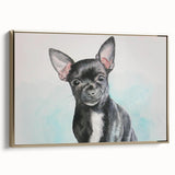 Framed canvas wall art showcasing a stylish Chihuahua design with gold accents, set against a modern interior background, perfect for dog lovers' decor.