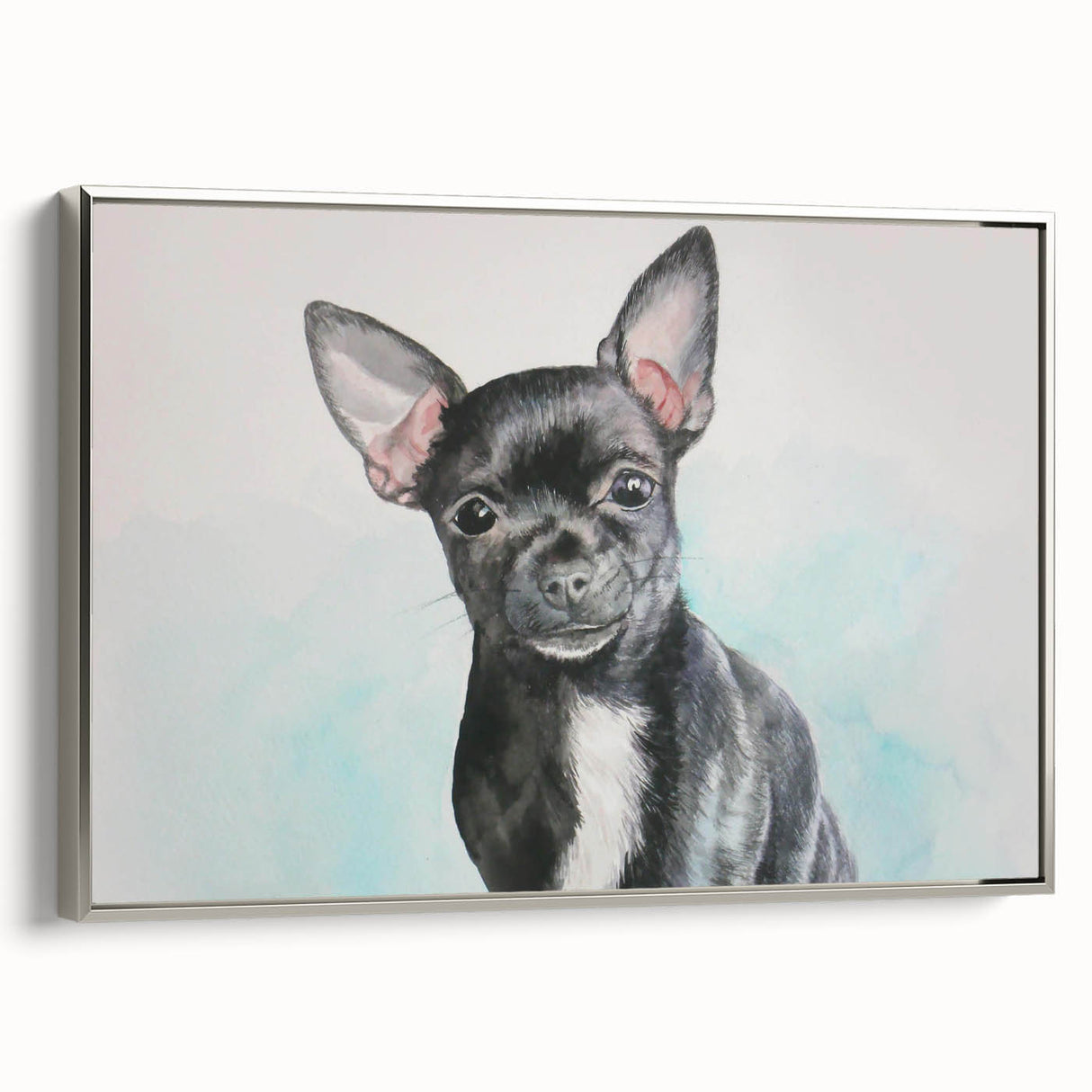 Chihuahua wall art collection featuring a framed canvas design with silver accents, showcasing a side view of a playful Chihuahua against a vibrant background. Perfect for dog lovers and home decor enthusiasts.