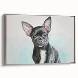 Chihuahua wall art collection featuring a framed canvas design with silver accents, showcasing a side view of a playful Chihuahua against a vibrant background. Perfect for dog lovers and home decor enthusiasts.