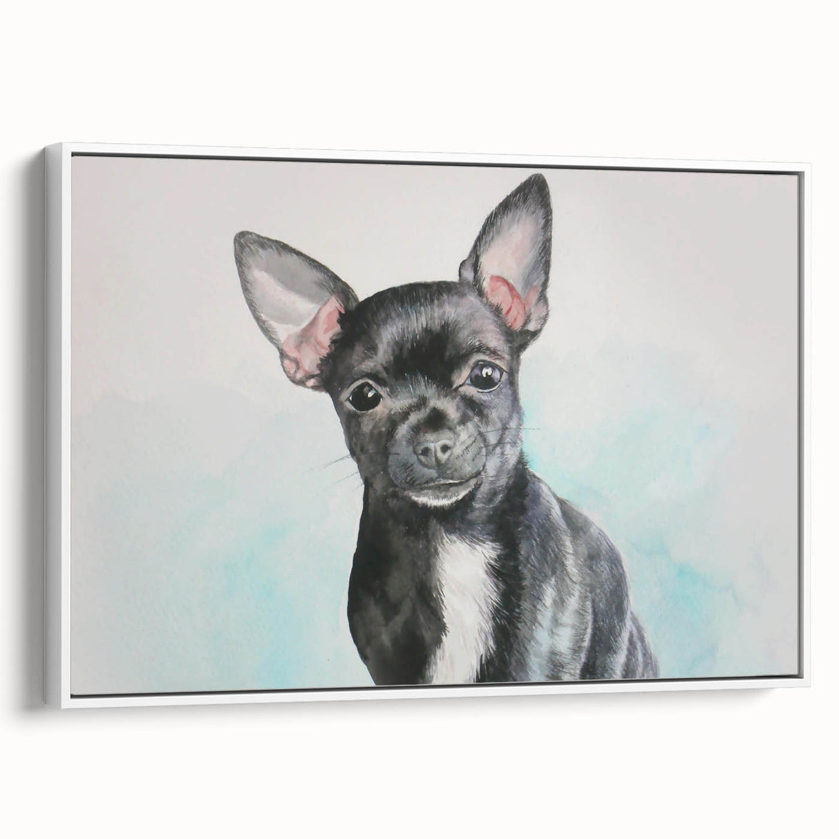 Framed wall art featuring a vibrant Chihuahua design on a white background, showcasing the dog's playful expression and detailed fur, perfect for pet lovers' decor.