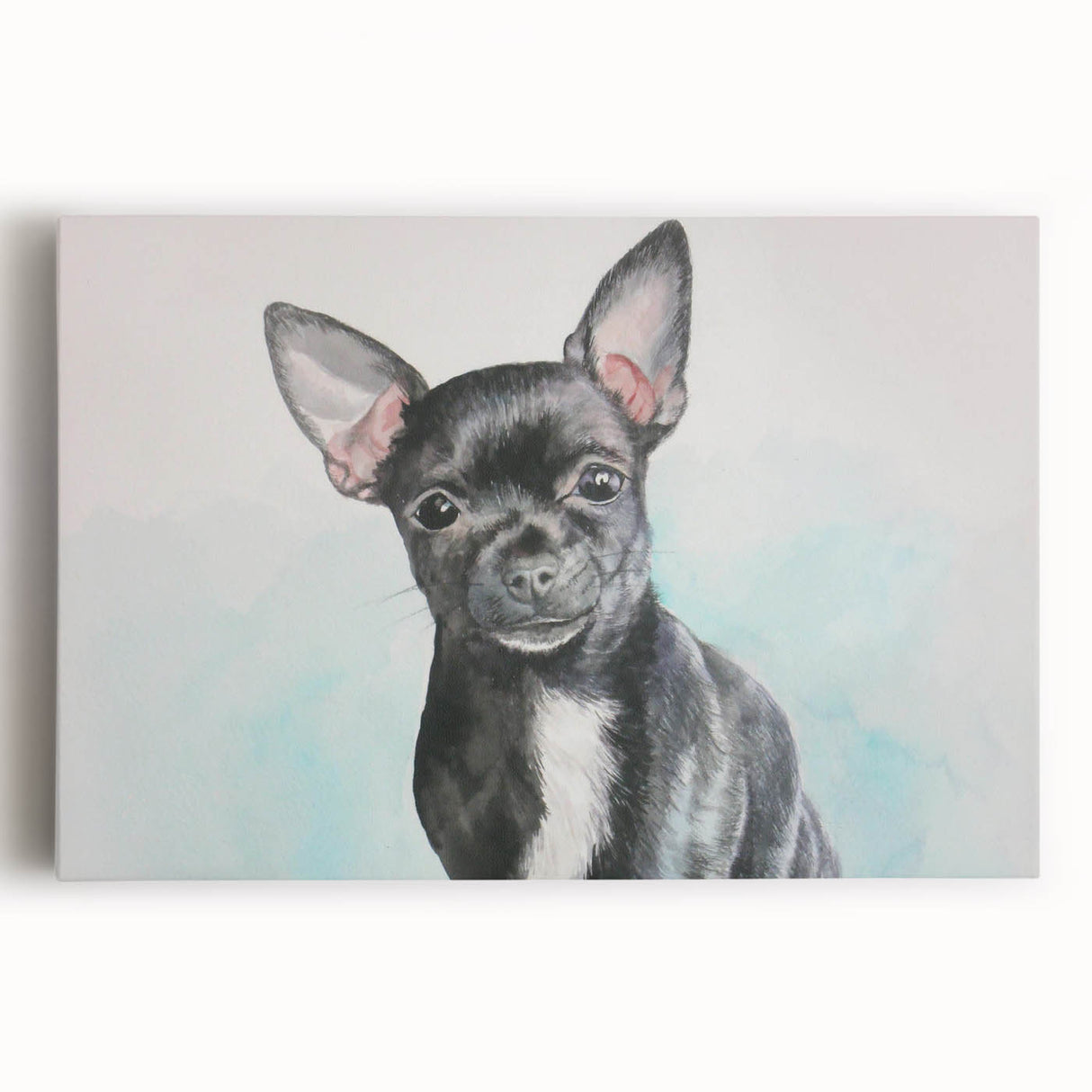 Charming stretched canvas wall art featuring a cute Chihuahua illustration in vibrant colors, perfect for dog lovers’ home decor and pet-themed interiors.