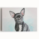 Charming stretched canvas wall art featuring a cute Chihuahua illustration in vibrant colors, perfect for dog lovers’ home decor and pet-themed interiors.