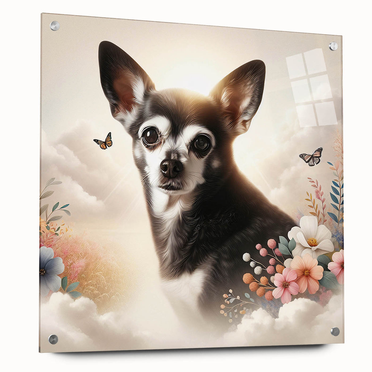 Chihuahua-themed wall art collection displayed in an acrylic glass frame, featuring vibrant colors and intricate designs, perfect for dog lovers' decor.